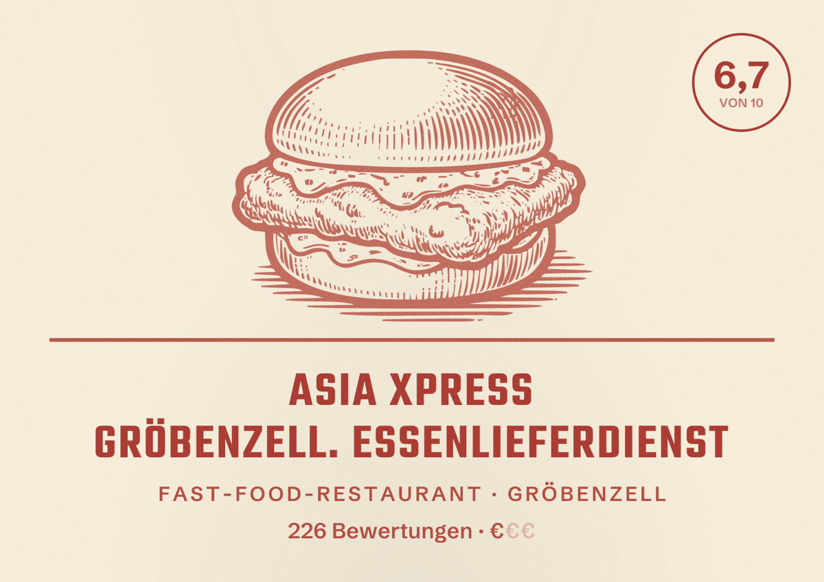 Illustriertes Poster von Asia Xpress Gröbenzell. Essenlieferdienst, Fast-Food-Restaurant in Gröbenzell: Bewertung 6,7 von 10 aus 226 Bewertungen, Preisniveau €