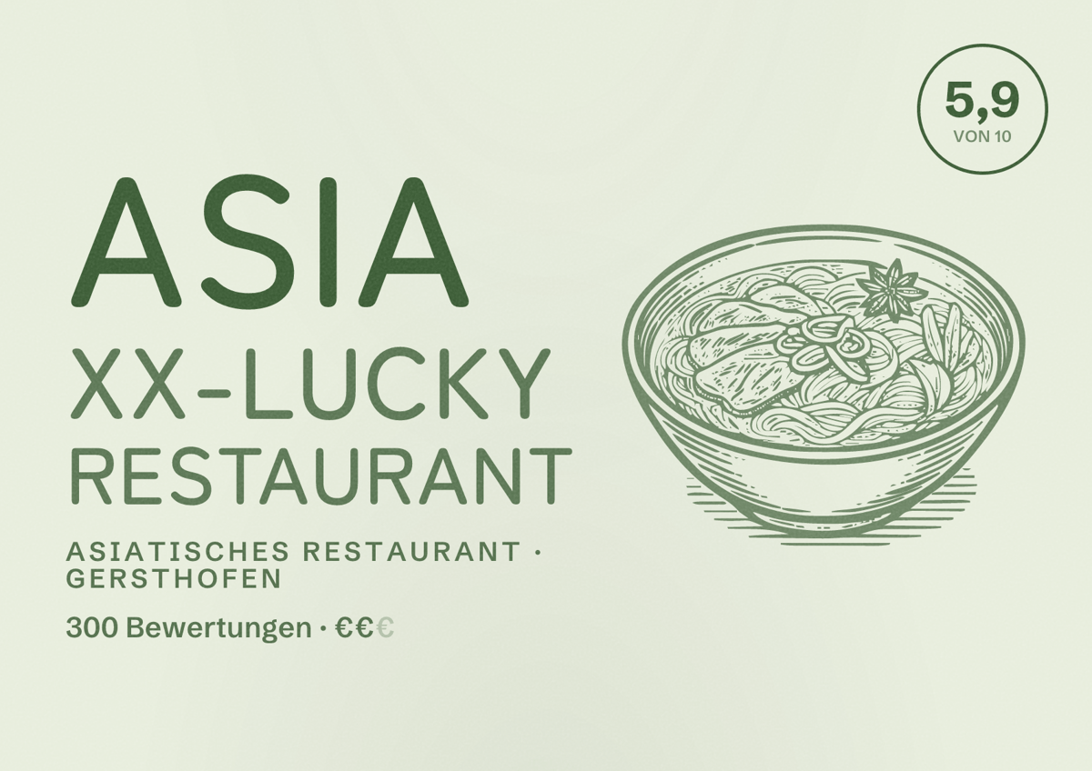 Illustriertes Poster von Asia XX-Lucky Restaurant, Asiatisches Restaurant in Gersthofen: Bewertung 5,9 von 10 aus 300 Bewertungen, Preisniveau €€