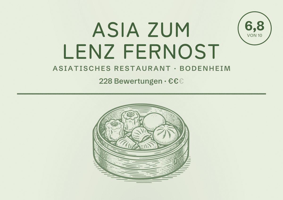 Illustriertes Poster von Asia Zum Lenz Fernost, Asiatisches Restaurant in Bodenheim: Bewertung 6,8 von 10 aus 228 Bewertungen, Preisniveau €€