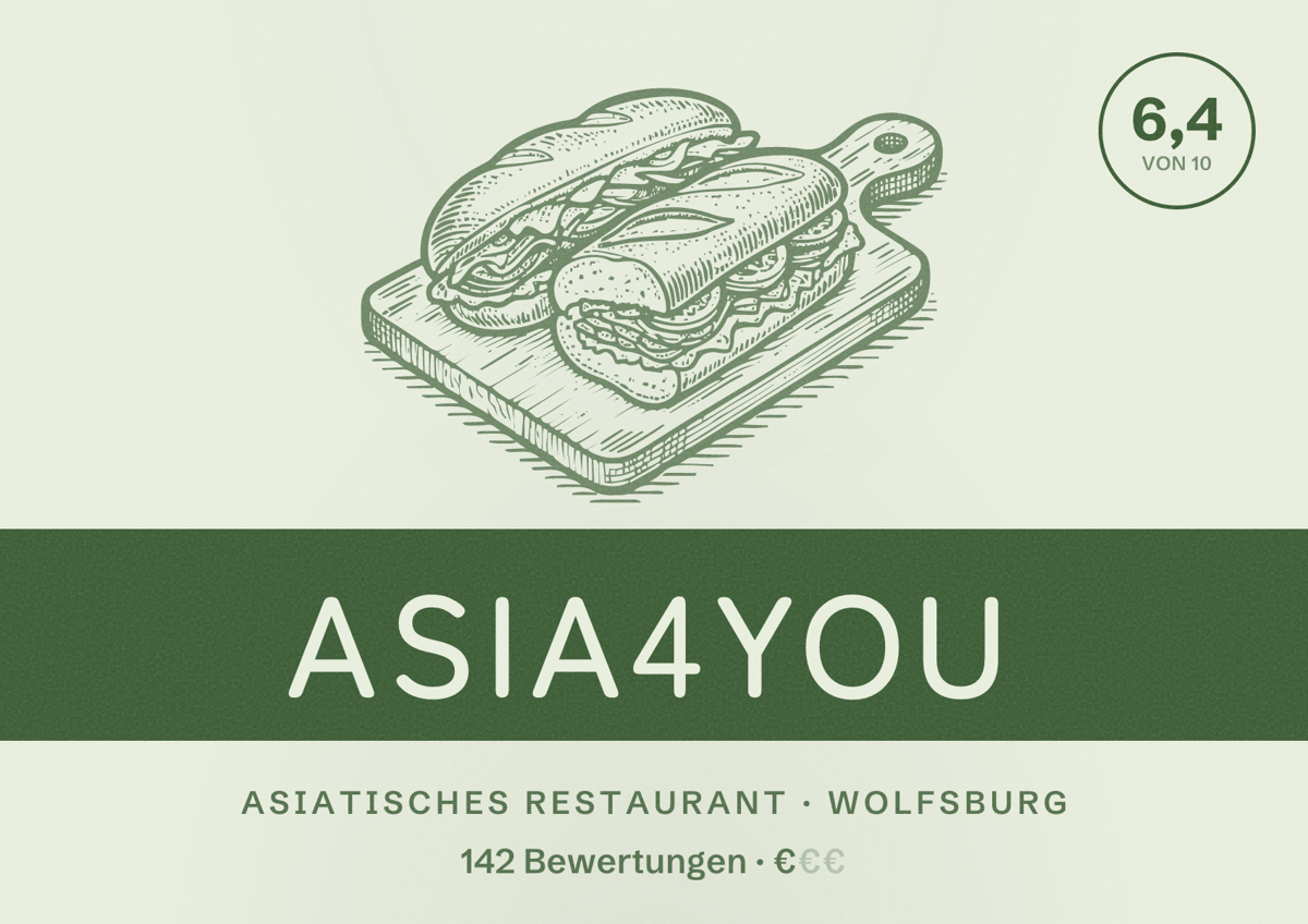 Illustriertes Poster von Asia4You, Asiatisches Restaurant in Wolfsburg: Bewertung 6,4 von 10 aus 142 Bewertungen, Preisniveau €