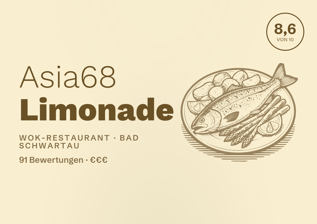 Illustriertes Poster von Asia68 Limonade, Wok-Restaurant in Bad Schwartau: Bewertung 8,6 von 10 aus 91 Bewertungen, Preisniveau €€€