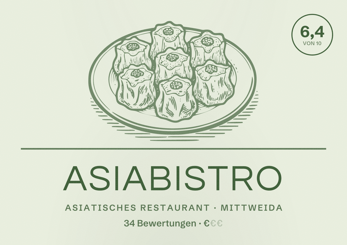 Illustriertes Poster von ASIABISTRO, Asiatisches Restaurant in Mittweida: Bewertung 6,4 von 10 aus 34 Bewertungen, Preisniveau €