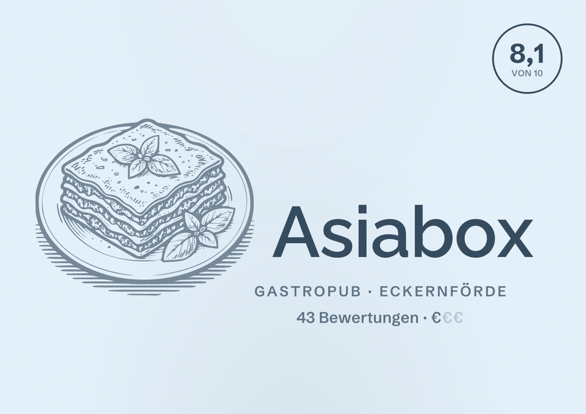 Illustriertes Poster von Asiabox, Gastropub in Eckernförde: Bewertung 8,1 von 10 aus 43 Bewertungen, Preisniveau €