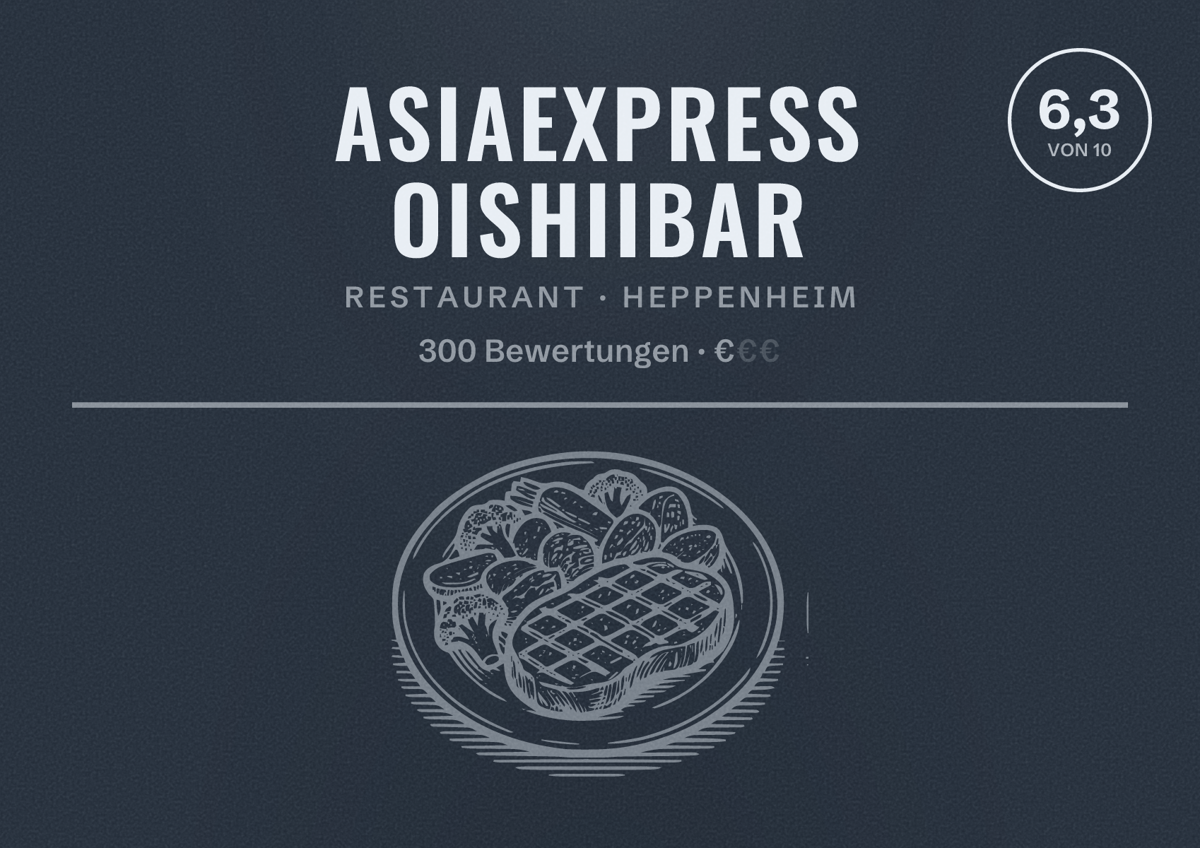 Illustriertes Poster von Asiaexpress Oishiibar, Restaurant in Heppenheim: Bewertung 6,3 von 10 aus 300 Bewertungen, Preisniveau €