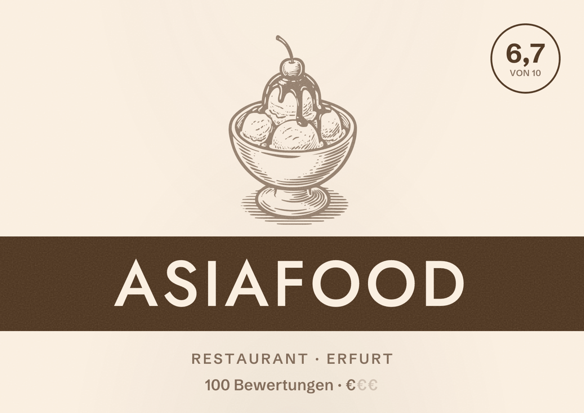 Illustriertes Poster von Asiafood, Restaurant in Erfurt: Bewertung 6,7 von 10 aus 100 Bewertungen, Preisniveau €