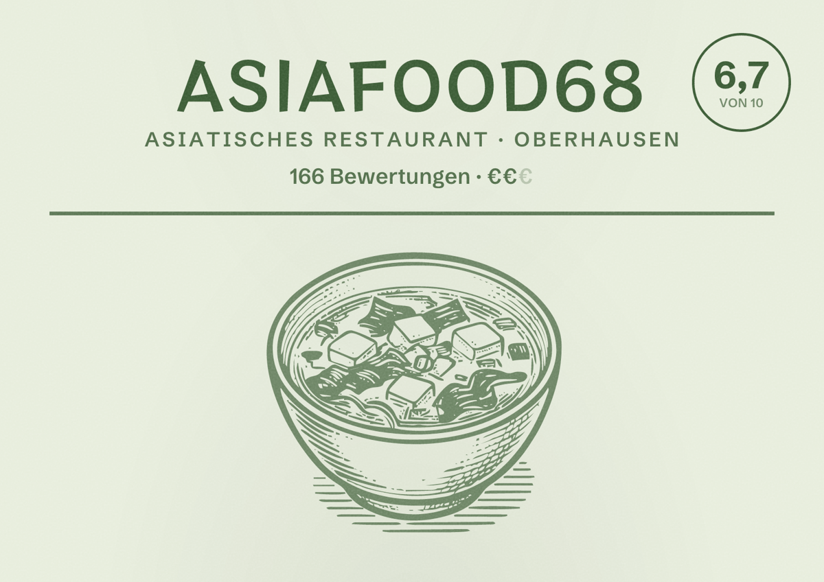 Illustriertes Poster von AsiaFood68, Asiatisches Restaurant in Oberhausen: Bewertung 6,7 von 10 aus 166 Bewertungen, Preisniveau €€