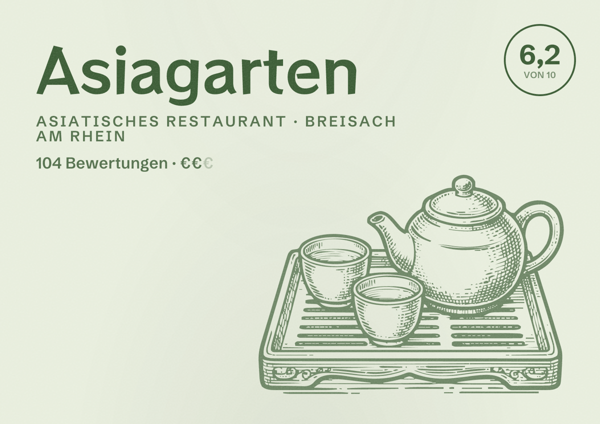 Illustriertes Poster von Asiagarten, Asiatisches Restaurant in Breisach am Rhein: Bewertung 6,2 von 10 aus 104 Bewertungen, Preisniveau €€