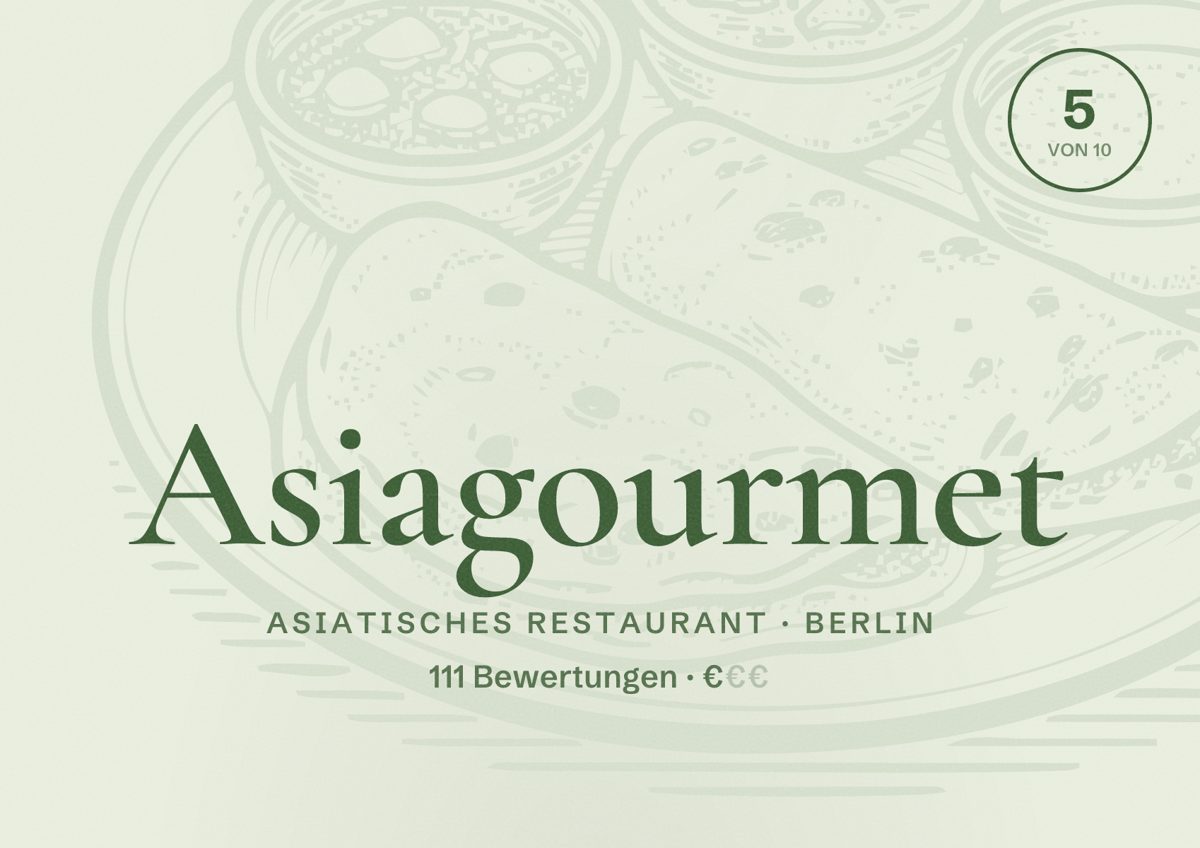 Illustriertes Poster von Asiagourmet, Asiatisches Restaurant in Berlin: Bewertung 5,0 von 10 aus 111 Bewertungen, Preisniveau €