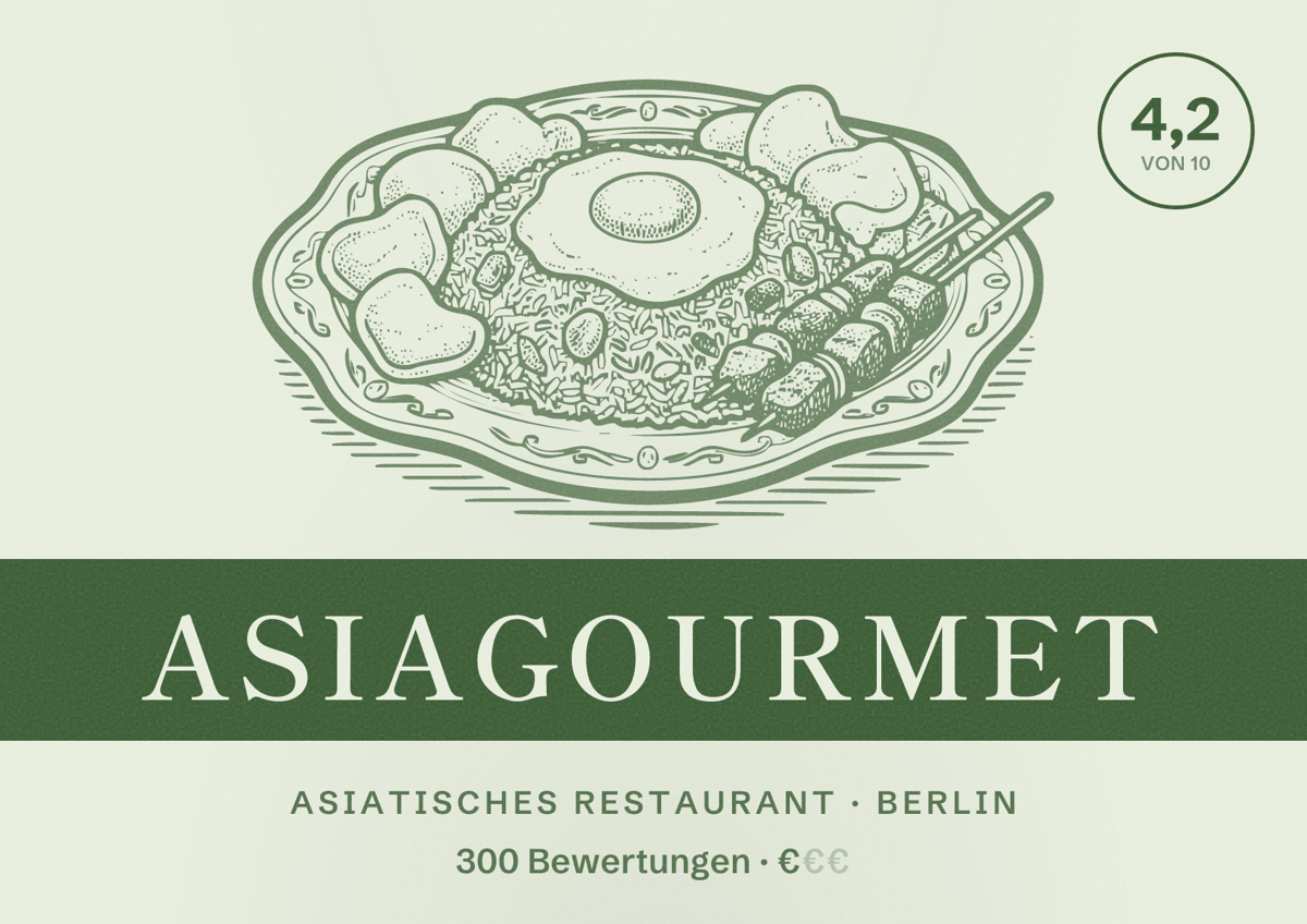 Illustriertes Poster von Asiagourmet, Asiatisches Restaurant in Berlin: Bewertung 4,2 von 10 aus 300 Bewertungen, Preisniveau €