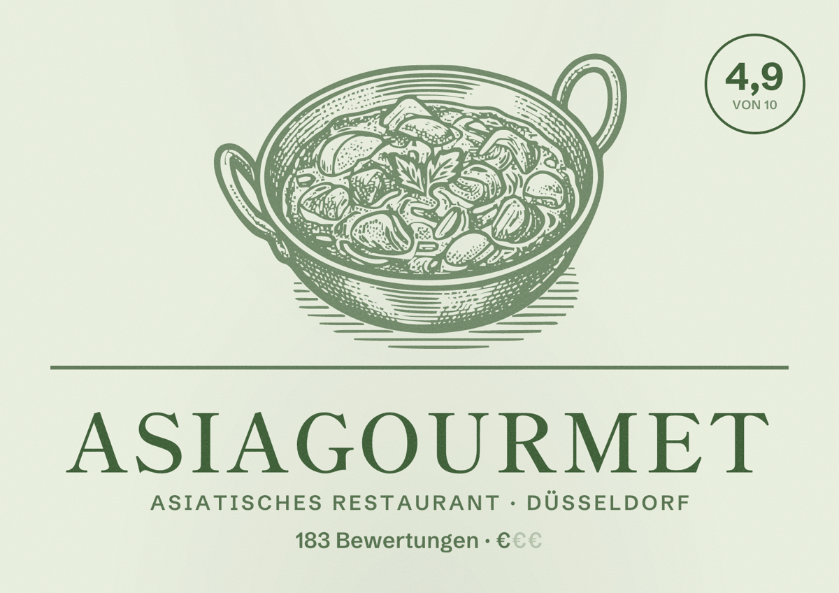 Illustriertes Poster von Asiagourmet, Asiatisches Restaurant in Düsseldorf: Bewertung 4,9 von 10 aus 183 Bewertungen, Preisniveau €