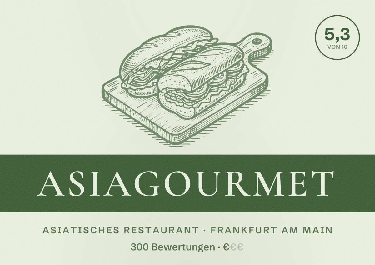 Illustriertes Poster von Asiagourmet, Asiatisches Restaurant in Frankfurt am Main: Bewertung 5,3 von 10 aus 300 Bewertungen, Preisniveau €
