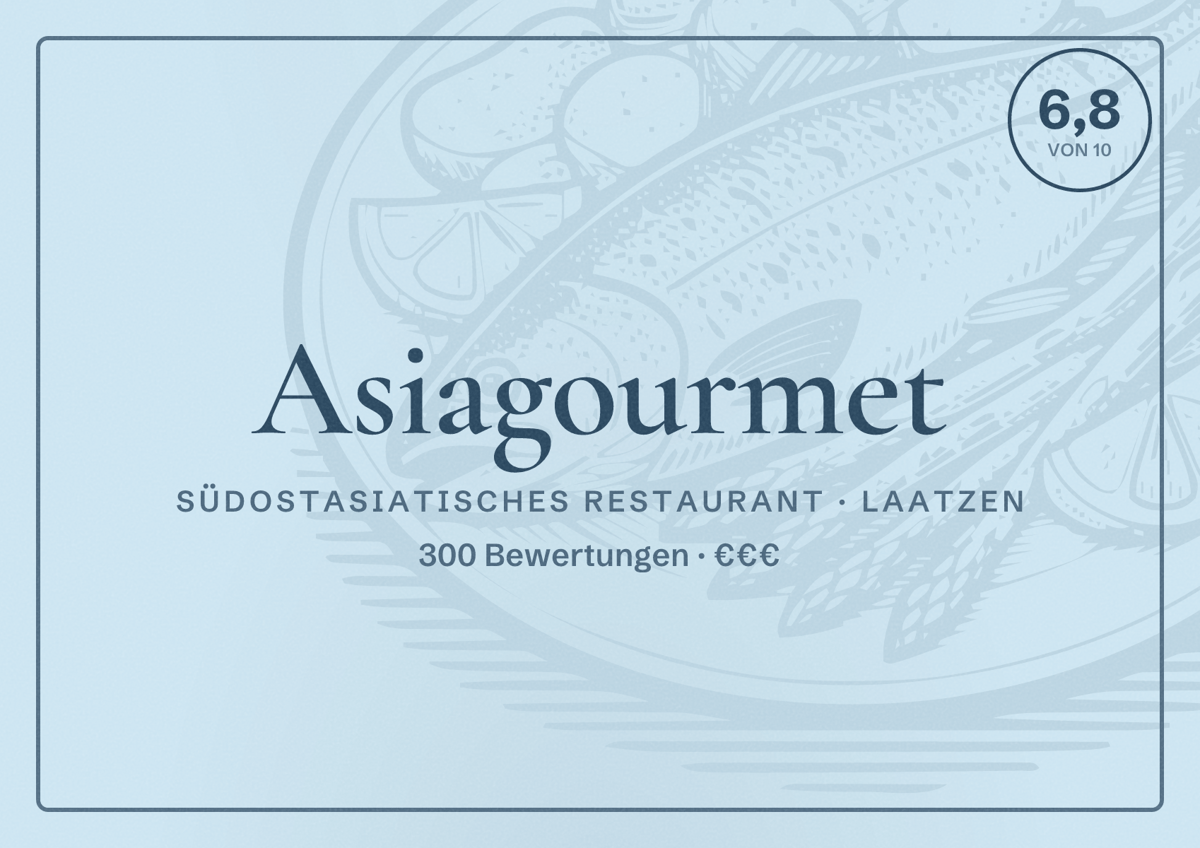 Illustriertes Poster von Asiagourmet, Südostasiatisches Restaurant in Laatzen: Bewertung 6,8 von 10 aus 300 Bewertungen, Preisniveau €€€