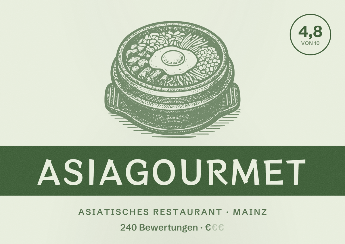Illustriertes Poster von Asiagourmet, Asiatisches Restaurant in Mainz: Bewertung 4,8 von 10 aus 240 Bewertungen, Preisniveau €