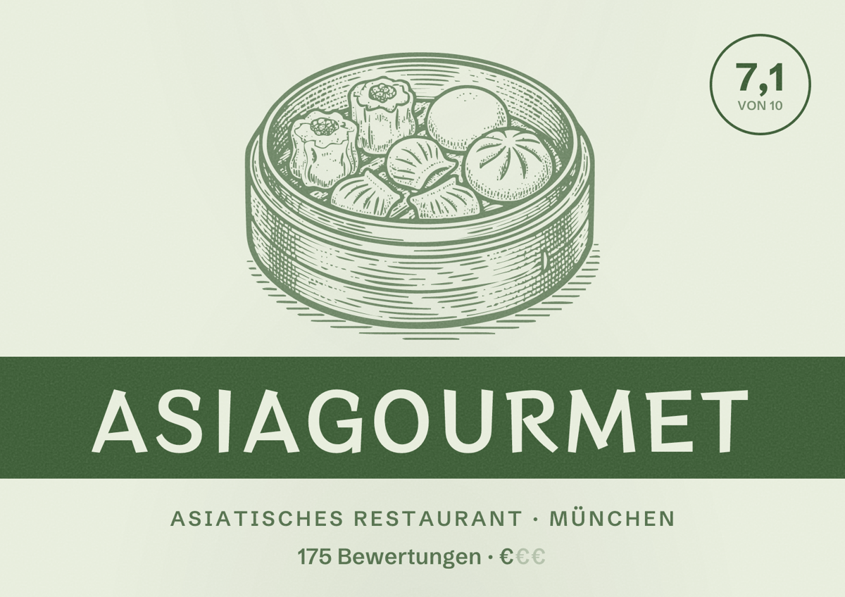 Illustriertes Poster von Asiagourmet, Asiatisches Restaurant in München: Bewertung 7,1 von 10 aus 175 Bewertungen, Preisniveau €