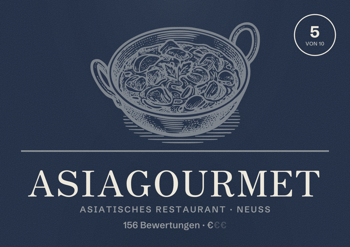 Illustriertes Poster von asiagourmet, Asiatisches Restaurant in Neuss: Bewertung 5 von 10 aus 156 Bewertungen, Preisniveau €