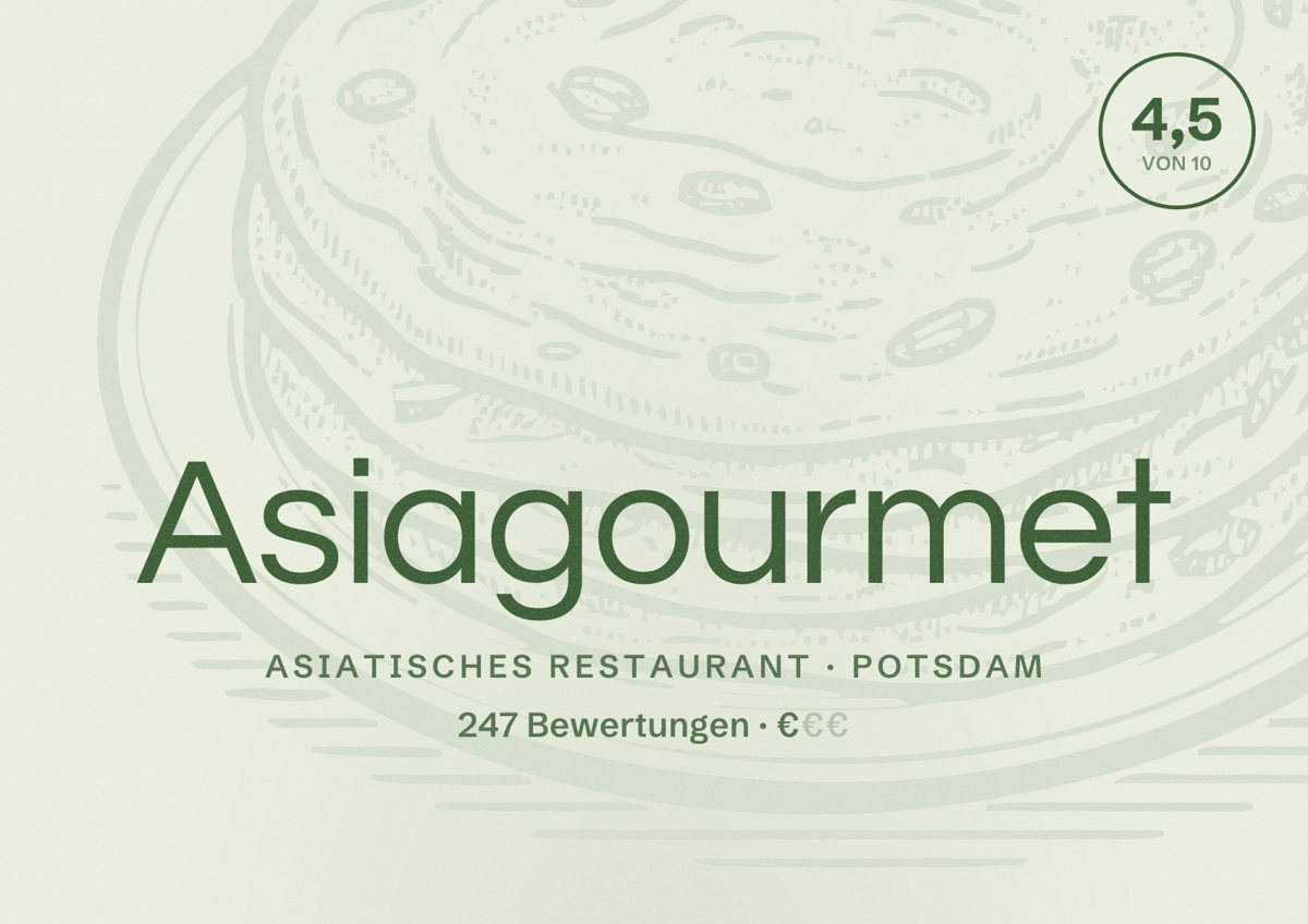 Illustriertes Poster von Asiagourmet, Asiatisches Restaurant in Potsdam: Bewertung 4,5 von 10 aus 247 Bewertungen, Preisniveau €