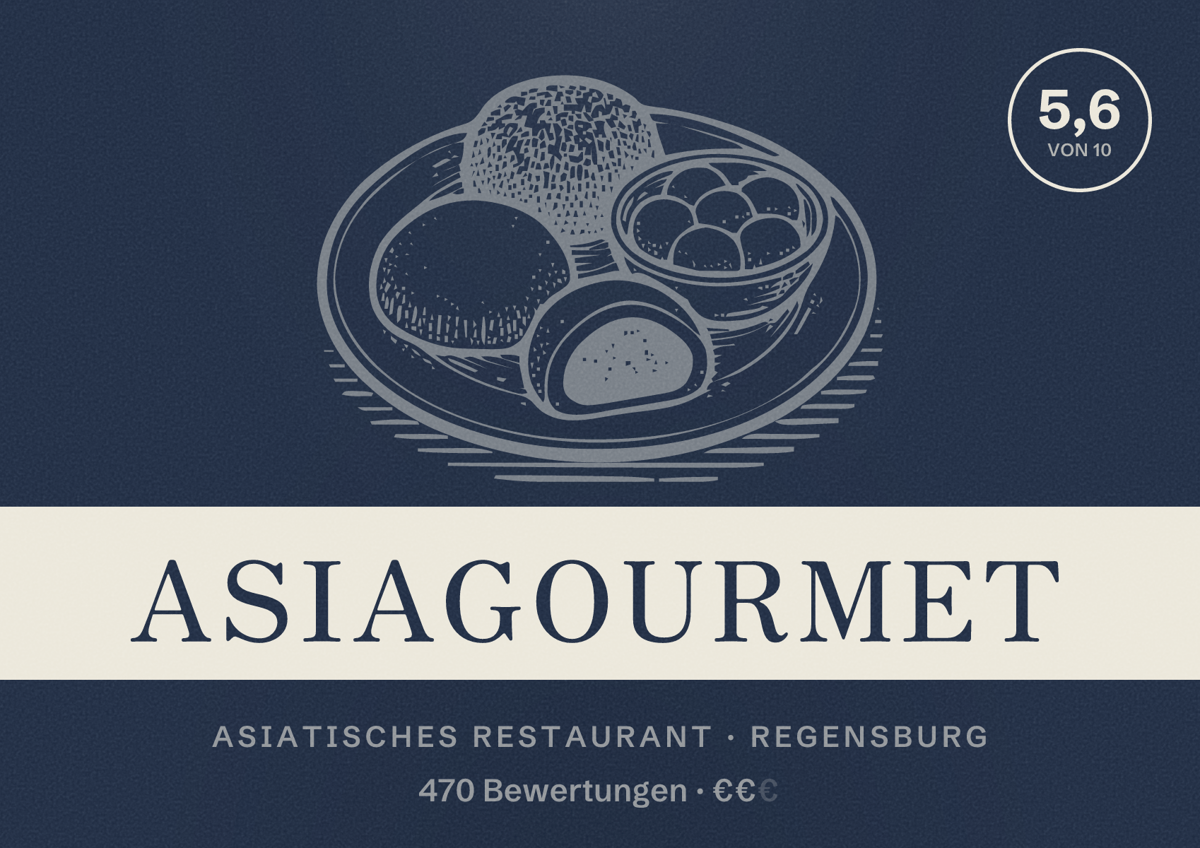Illustriertes Poster von Asiagourmet, Asiatisches Restaurant in Regensburg: Bewertung 5,6 von 10 aus 470 Bewertungen, Preisniveau €€