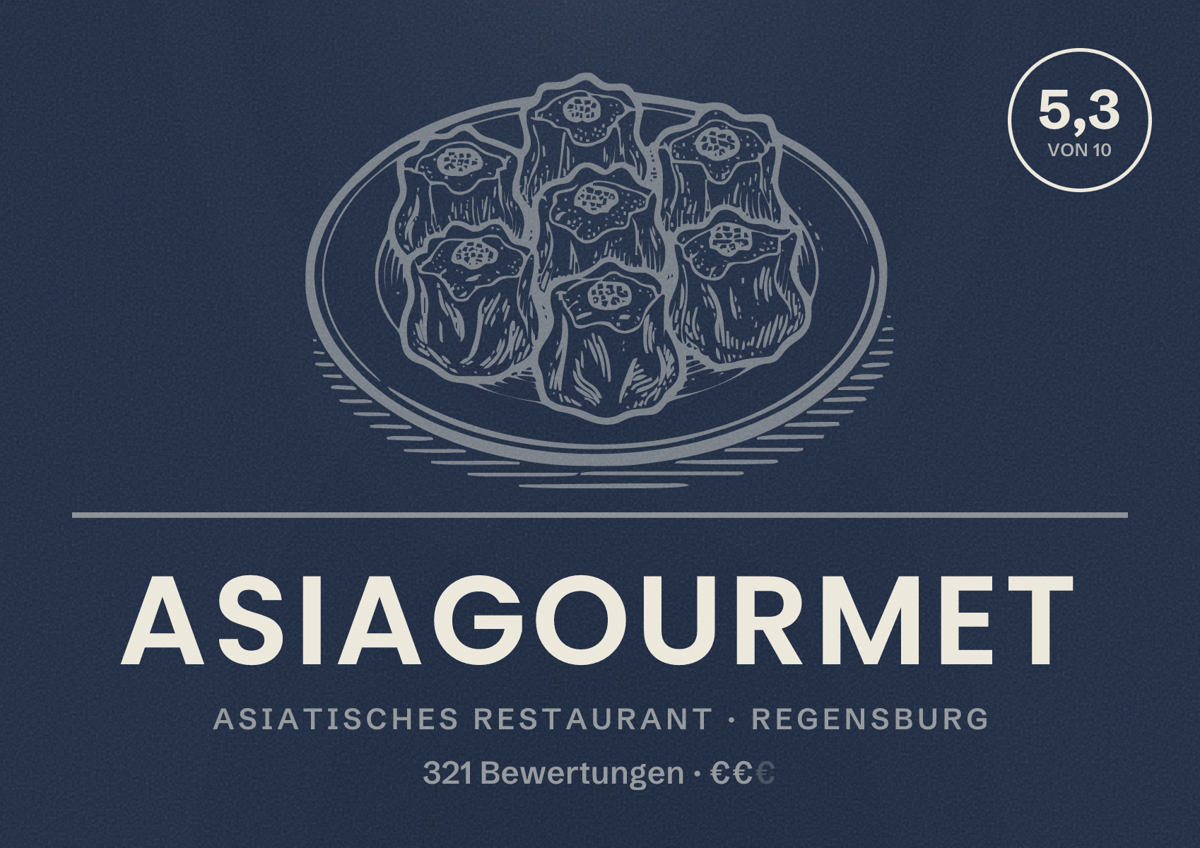 Illustriertes Poster von Asiagourmet, Asiatisches Restaurant in Regensburg: Bewertung 5,3 von 10 aus 321 Bewertungen, Preisniveau €€