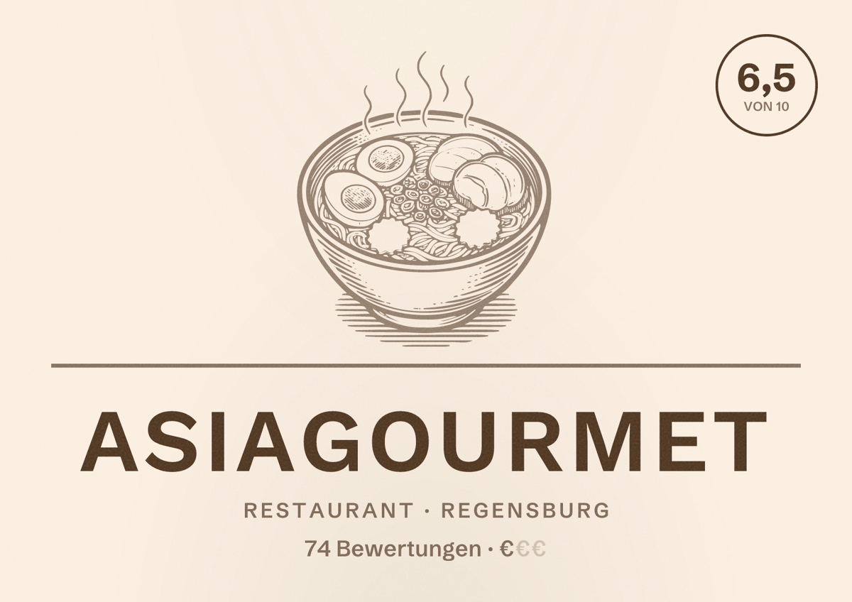 Illustriertes Poster von Asiagourmet, Restaurant in Regensburg: Bewertung 6,5 von 10 aus 74 Bewertungen, Preisniveau €