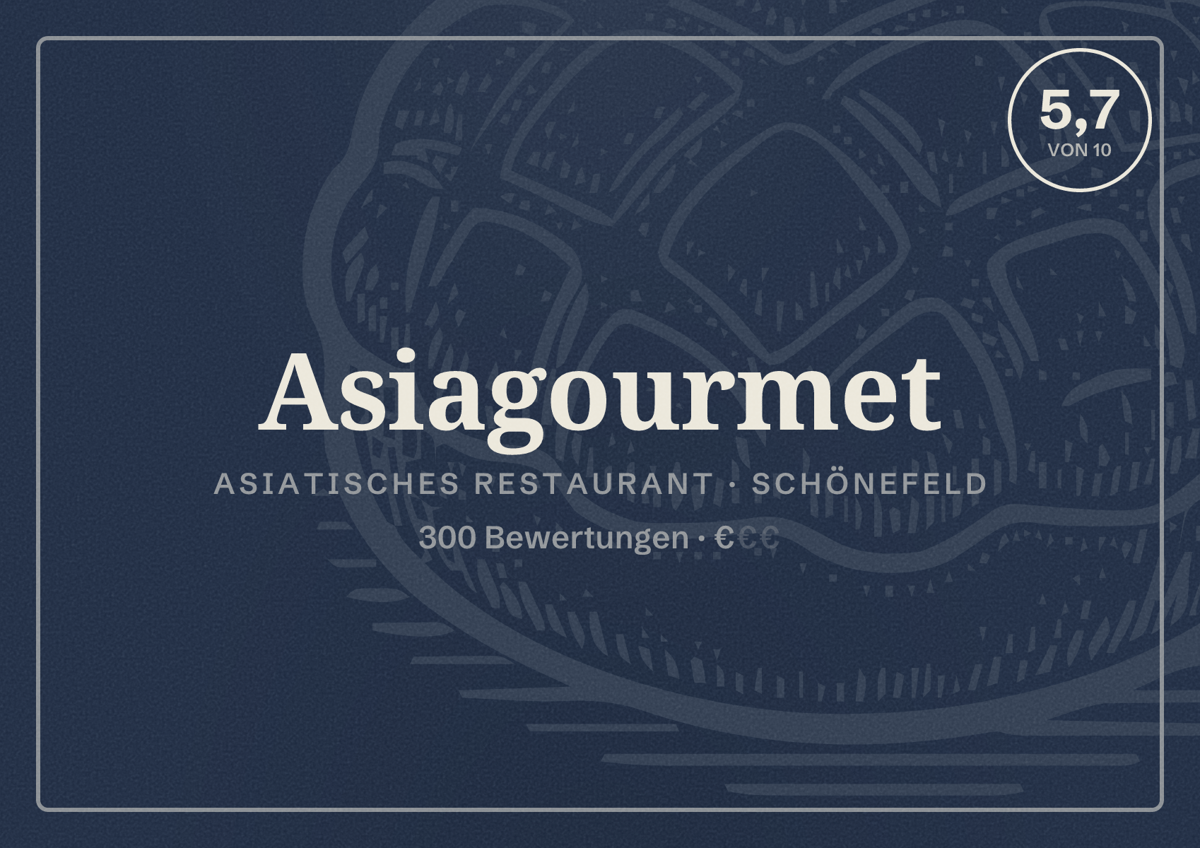 Illustriertes Poster von Asiagourmet, Asiatisches Restaurant in Schönefeld: Bewertung 5,7 von 10 aus 300 Bewertungen, Preisniveau €
