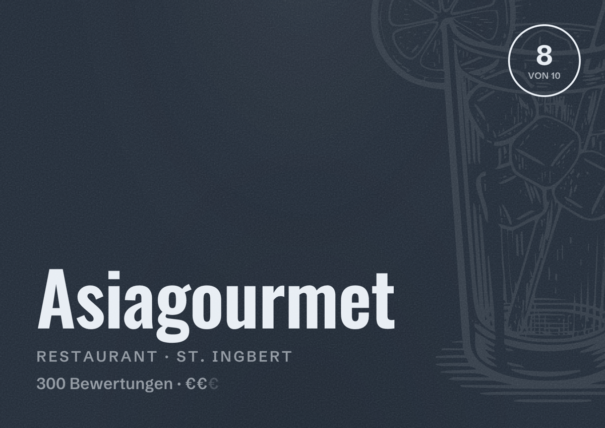 Illustriertes Poster von Asiagourmet, Restaurant in St. Ingbert: Bewertung 8 von 10 aus 300 Bewertungen, Preisniveau €€