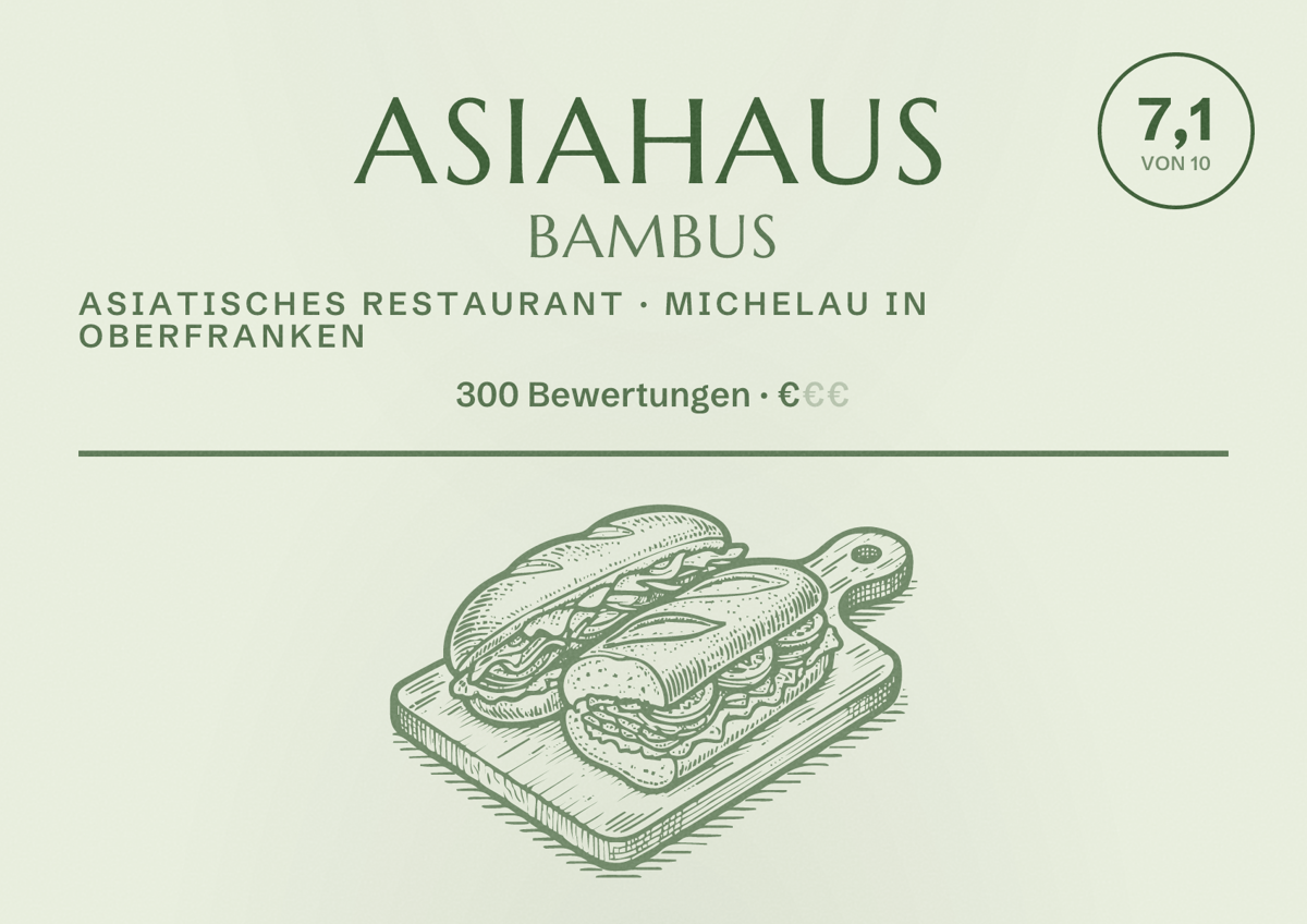 Illustriertes Poster von Asiahaus Bambus, Asiatisches Restaurant in Michelau in Oberfranken: Bewertung 7,1 von 10 aus 300 Bewertungen, Preisniveau €