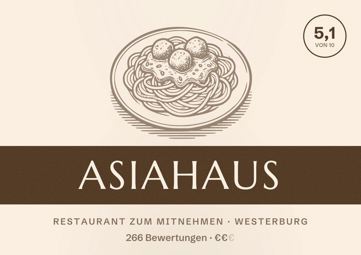 Illustriertes Poster von Asiahaus, Restaurant zum Mitnehmen in Westerburg: Bewertung 5,1 von 10 aus 266 Bewertungen, Preisniveau €€
