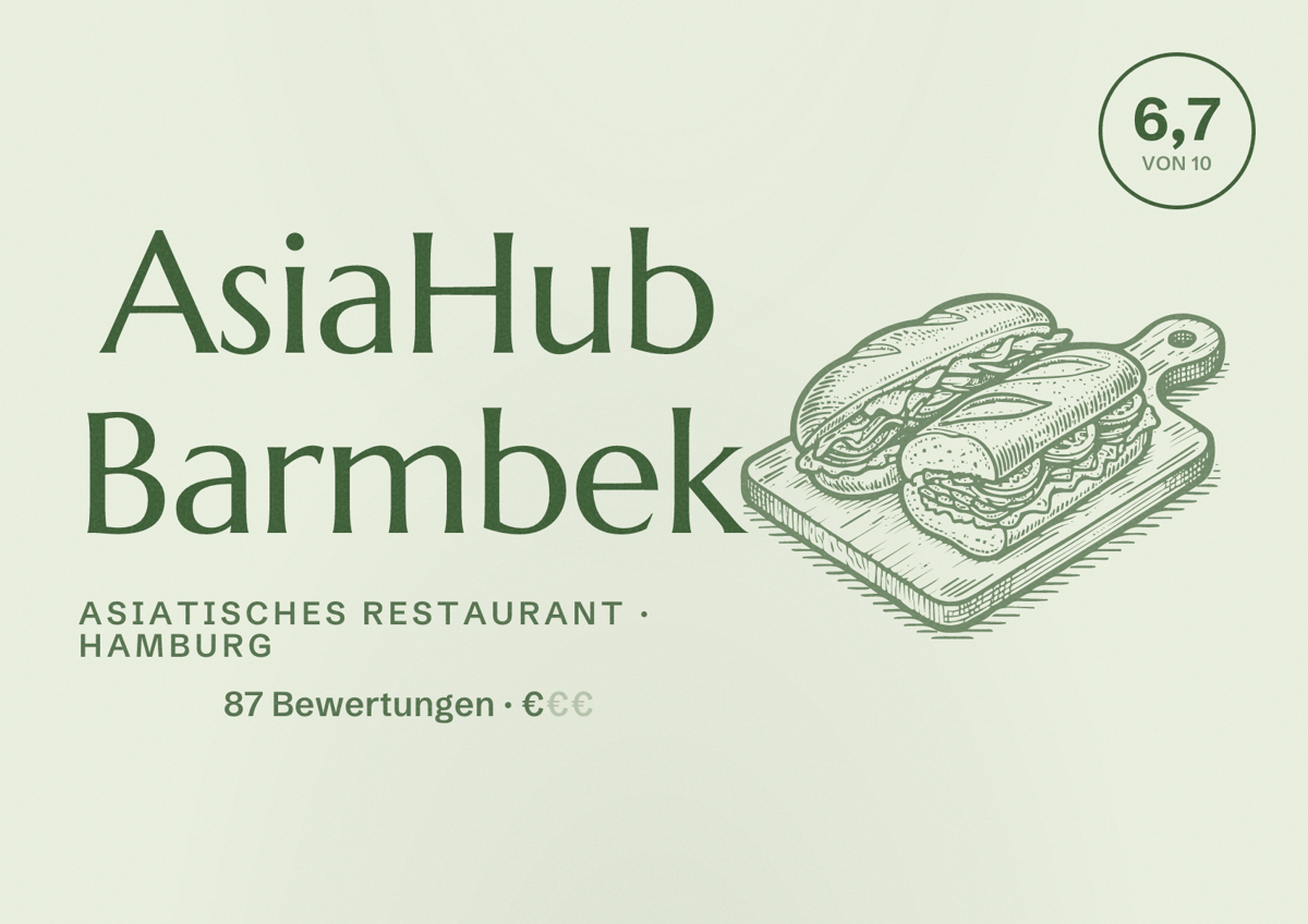 Illustriertes Poster von AsiaHub Barmbek, Asiatisches Restaurant in Hamburg: Bewertung 6,7 von 10 aus 87 Bewertungen, Preisniveau €