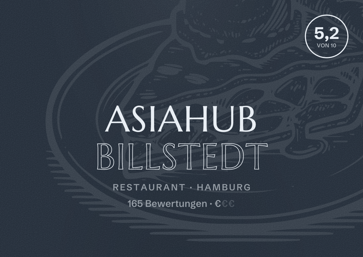Illustriertes Poster von Asiahub Billstedt, Restaurant in Hamburg: Bewertung 5,2 von 10 aus 165 Bewertungen, Preisniveau €