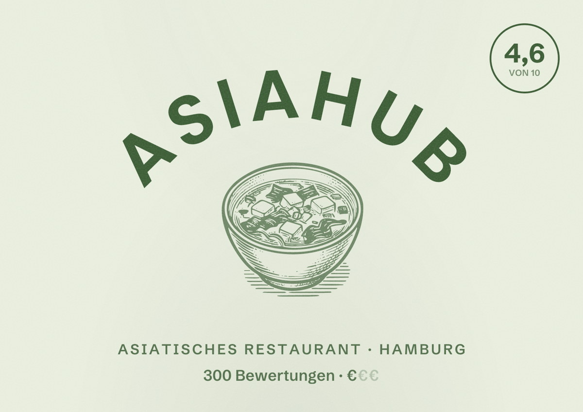 Illustriertes Poster von Asiahub, Asiatisches Restaurant in Hamburg: Bewertung 4,6 von 10 aus 300 Bewertungen, Preisniveau €