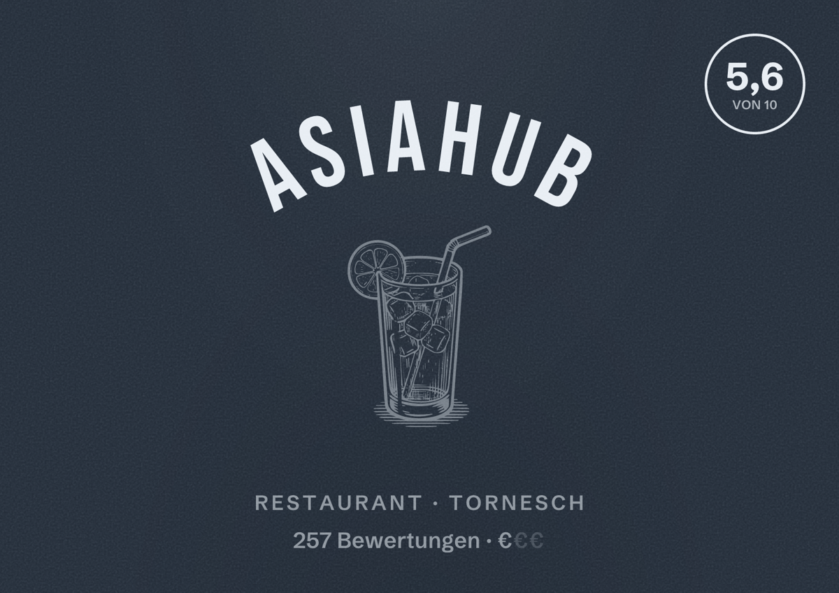 Illustriertes Poster von AsiaHub, Restaurant in Tornesch: Bewertung 5,6 von 10 aus 257 Bewertungen, Preisniveau €