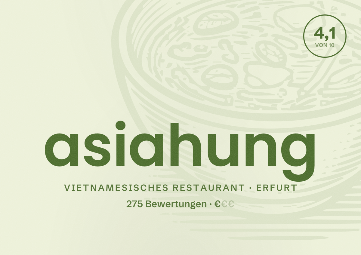 Illustriertes Poster von asiahung, Vietnamesisches Restaurant in Erfurt: Bewertung 4,1 von 10 aus 275 Bewertungen, Preisniveau €