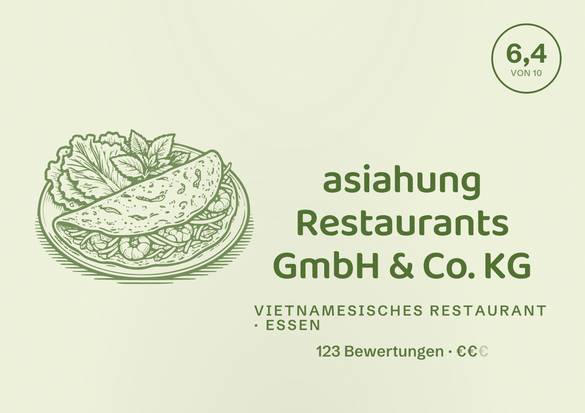Illustriertes Poster von asiahung Restaurants GmbH & Co. KG, Vietnamesisches Restaurant in Essen: Bewertung 6,4 von 10 aus 123 Bewertungen, Preisniveau €€