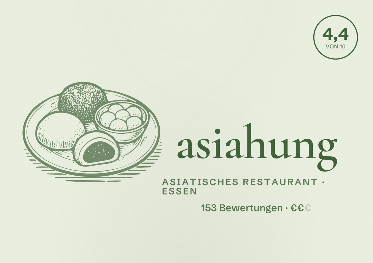 Illustriertes Poster von asiahung, Asiatisches Restaurant in Essen: Bewertung 4,4 von 10 aus 153 Bewertungen, Preisniveau €€