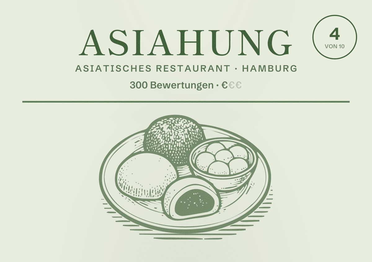 Illustriertes Poster von Asiahung, Asiatisches Restaurant in Hamburg: Bewertung 4,0 von 10 aus 300 Bewertungen, Preisniveau €
