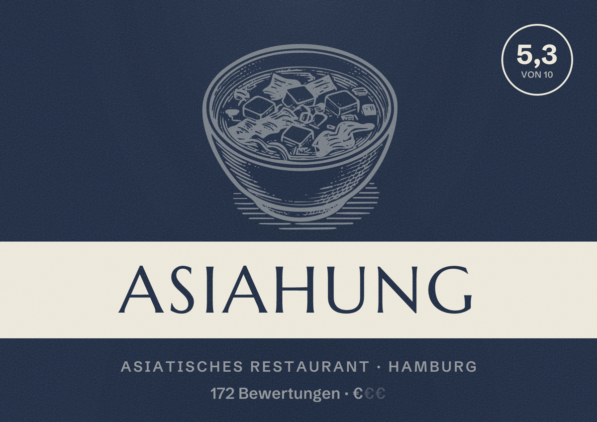 Illustriertes Poster von Asiahung, Asiatisches Restaurant in Hamburg: Bewertung 5,3 von 10 aus 172 Bewertungen, Preisniveau €