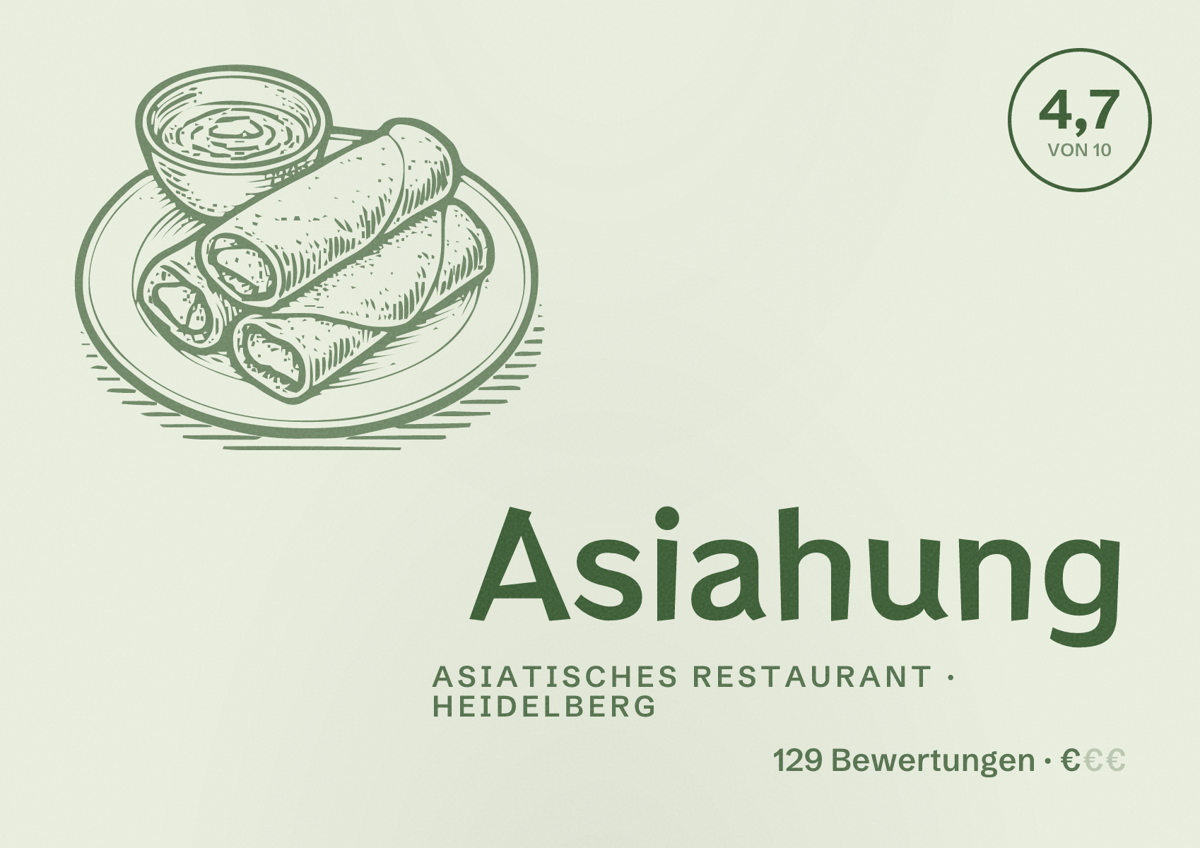 Illustriertes Poster von Asiahung, Asiatisches Restaurant in Heidelberg: Bewertung 4,7 von 10 aus 129 Bewertungen, Preisniveau €