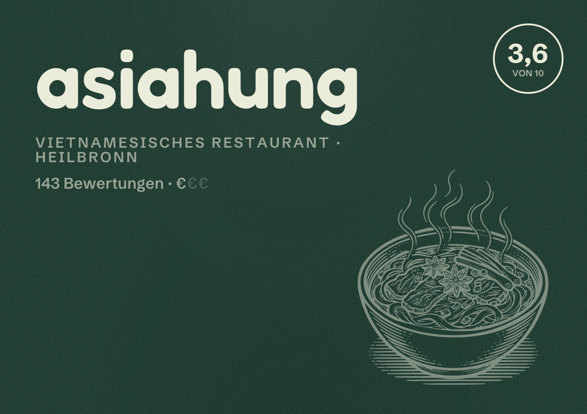 Illustriertes Poster von asiahung, Vietnamesisches Restaurant in Heilbronn: Bewertung 3,6 von 10 aus 143 Bewertungen, Preisniveau €