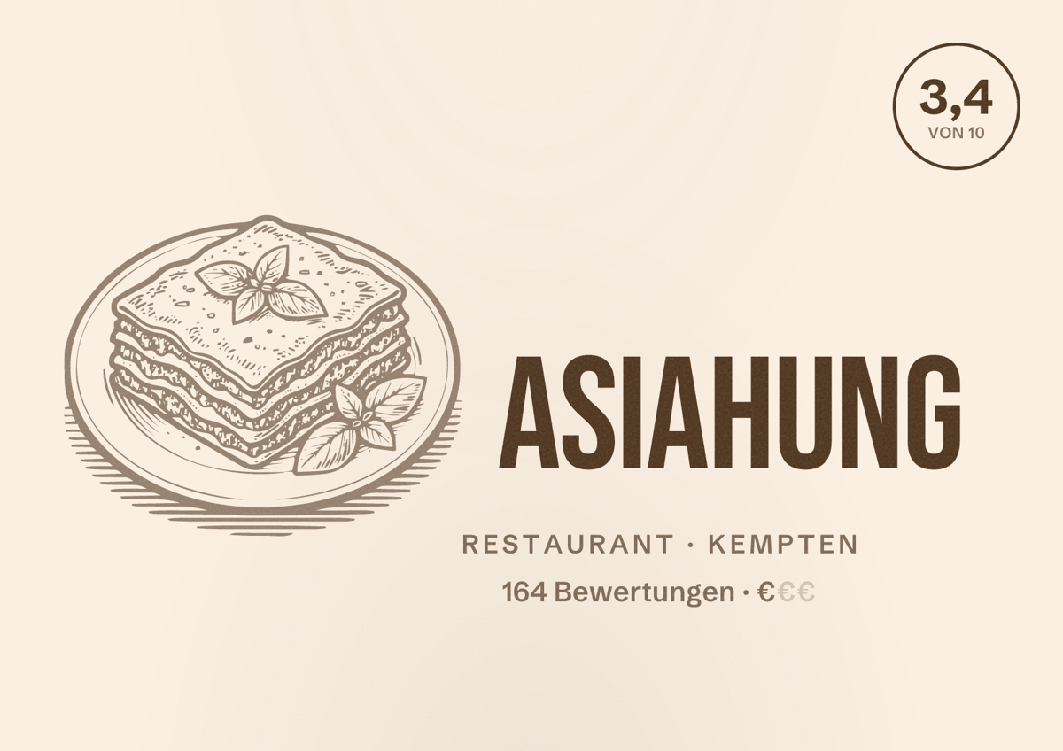 Illustriertes Poster von Asiahung, Restaurant in Kempten: Bewertung 3,4 von 10 aus 164 Bewertungen, Preisniveau €
