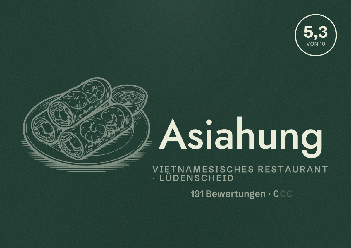 Illustriertes Poster von Asiahung, Vietnamesisches Restaurant in Lüdenscheid: Bewertung 5,3 von 10 aus 191 Bewertungen, Preisniveau €