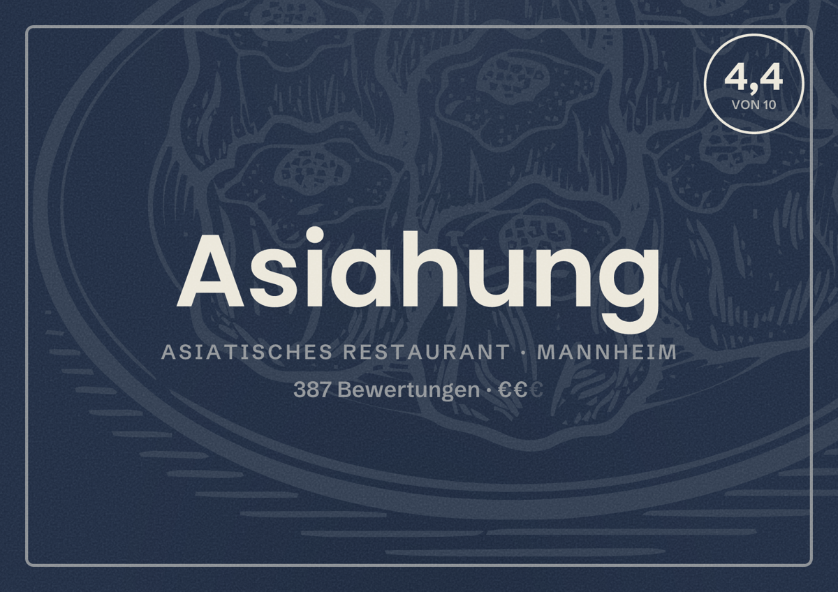 Illustriertes Poster von Asiahung, Asiatisches Restaurant in Mannheim: Bewertung 4,4 von 10 aus 387 Bewertungen, Preisniveau €€
