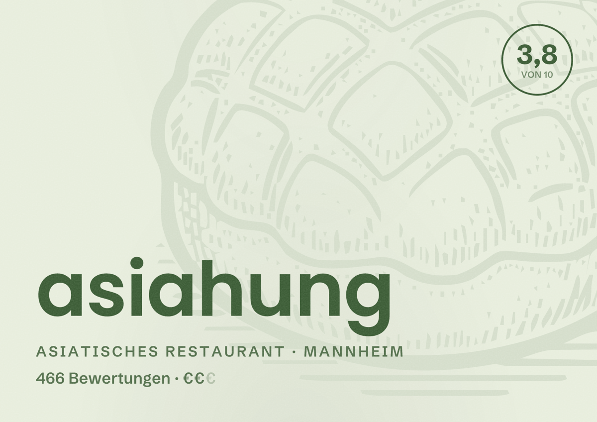 Illustriertes Poster von asiahung, Asiatisches Restaurant in Mannheim: Bewertung 3,8 von 10 aus 466 Bewertungen, Preisniveau €€