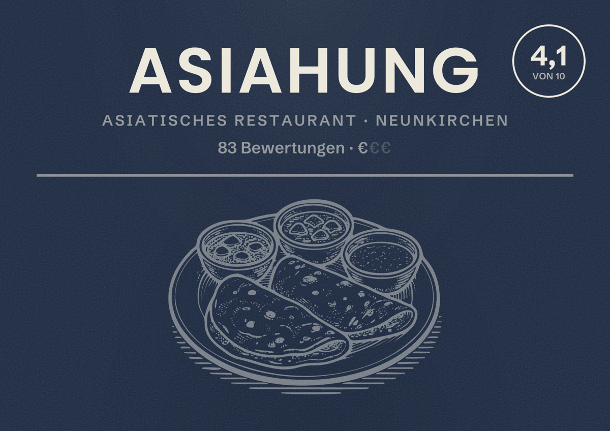 Illustriertes Poster von Asiahung, Asiatisches Restaurant in Neunkirchen: Bewertung 4,1 von 10 aus 83 Bewertungen, Preisniveau €