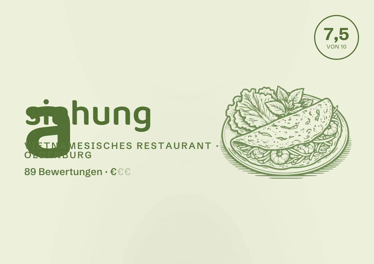Illustriertes Poster von asiahung, Vietnamesisches Restaurant in Oldenburg: Bewertung 7,5 von 10 aus 89 Bewertungen, Preisniveau €