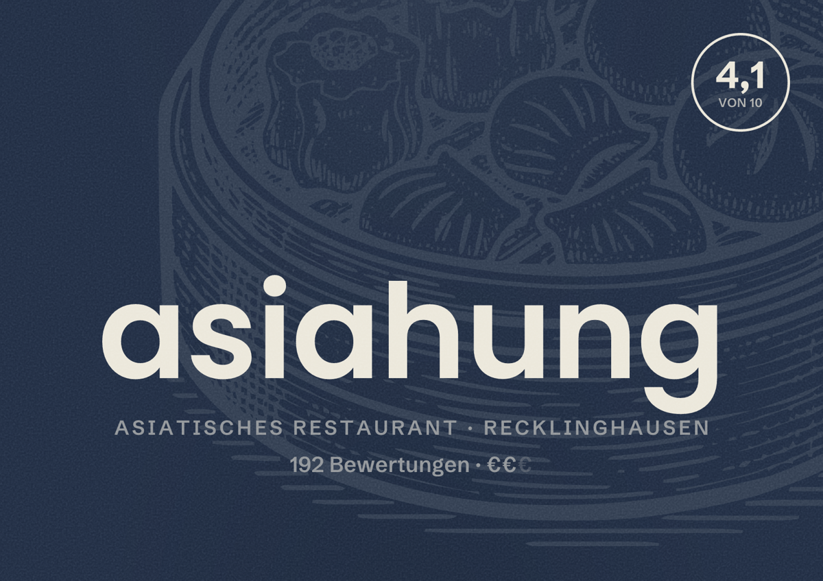 Illustriertes Poster von asiahung, Asiatisches Restaurant in Recklinghausen: Bewertung 4,1 von 10 aus 192 Bewertungen, Preisniveau €€