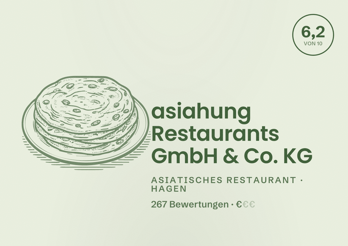 Illustriertes Poster von asiahung Restaurants GmbH & Co. KG, Asiatisches Restaurant in Hagen: Bewertung 6,2 von 10 aus 267 Bewertungen, Preisniveau €