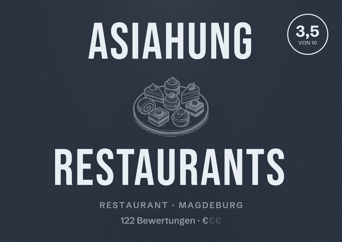Illustriertes Poster von Asiahung Restaurants, Restaurant in Magdeburg: Bewertung 3,5 von 10 aus 122 Bewertungen, Preisniveau €