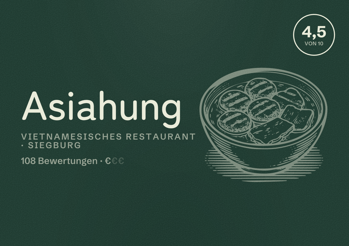 Illustriertes Poster von Asiahung, Vietnamesisches Restaurant in Siegburg: Bewertung 4,5 von 10 aus 108 Bewertungen, Preisniveau €