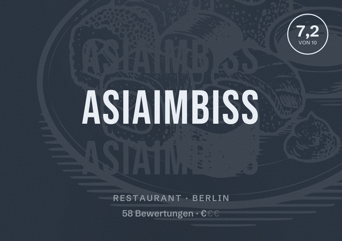 Illustriertes Poster von AsiaImbiss, Restaurant in Berlin: Bewertung 7,2 von 10 aus 58 Bewertungen, Preisniveau €