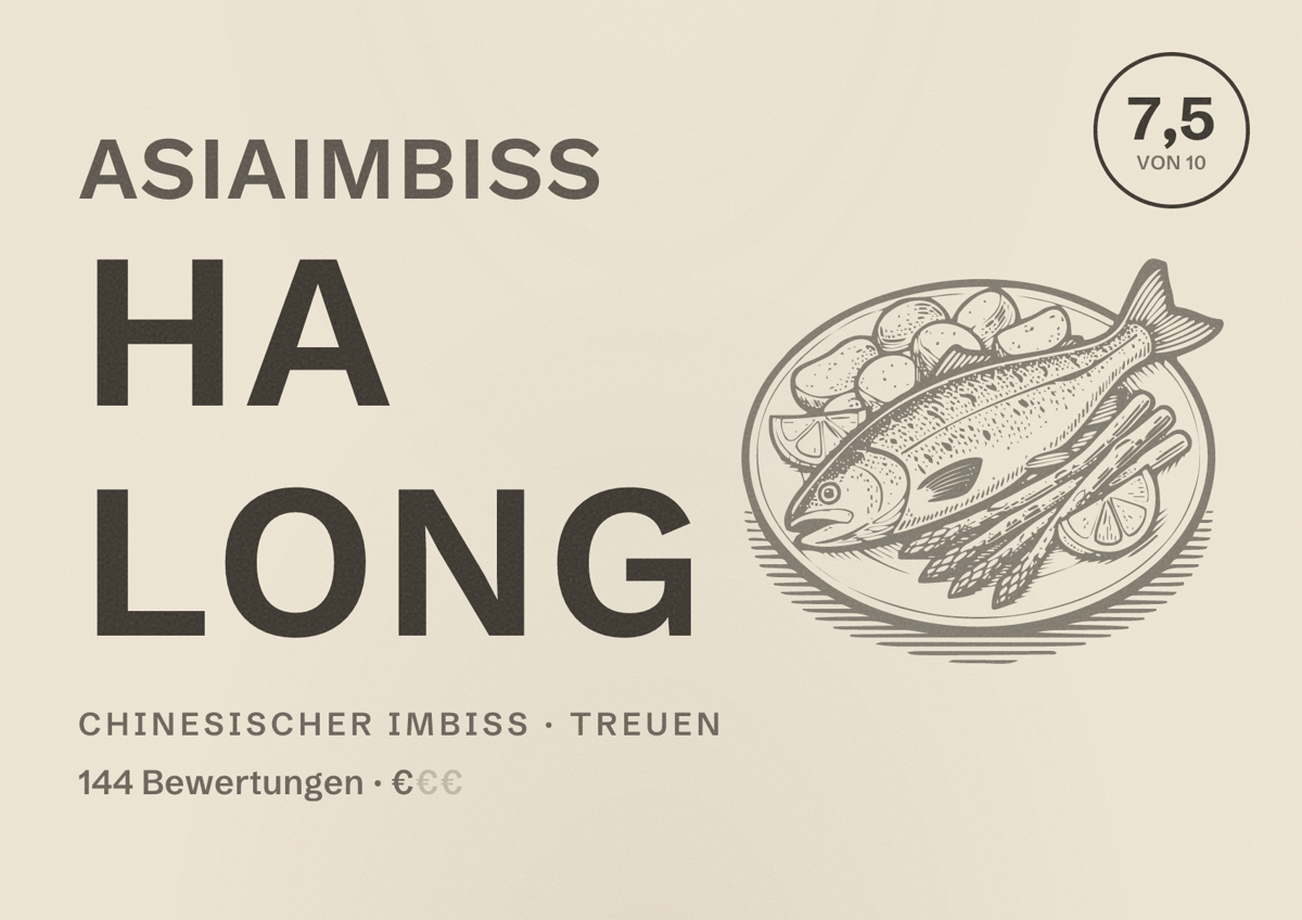 Illustriertes Poster von Asiaimbiss Ha Long, Chinesischer Imbiss in Treuen: Bewertung 7,5 von 10 aus 144 Bewertungen, Preisniveau €